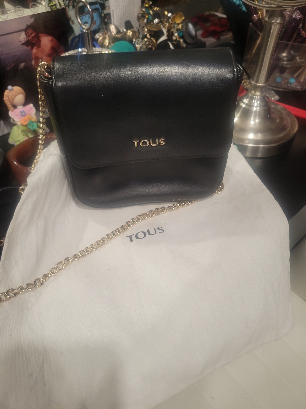 TOUS Black Leather Crossbody Bag with Gold Chain